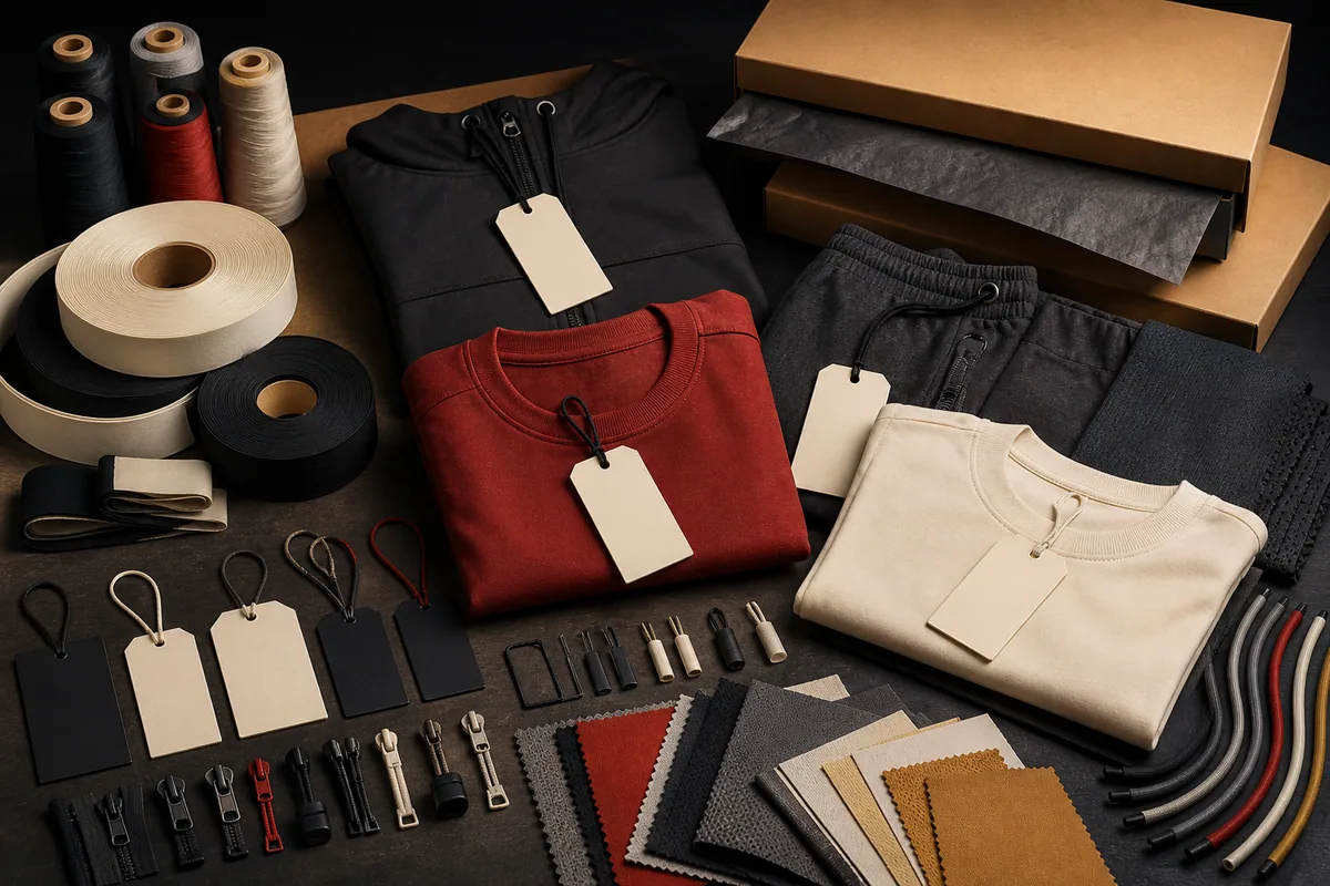 Blank apparel labels, trims, packaging, garments and fabric swatches