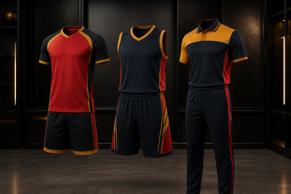 Three coordinated blank football, basketball and cricket uniform sets